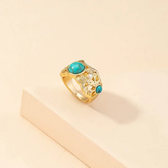 Western Baroque Gold Turquoise & Pearl Southwestern Statement Ring NEW - Picture 4 of 6
